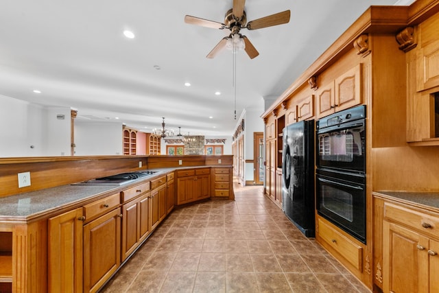 kitchen with light tile patterned floors, dark countertops, black appliances, open shelves, and recessed lighting