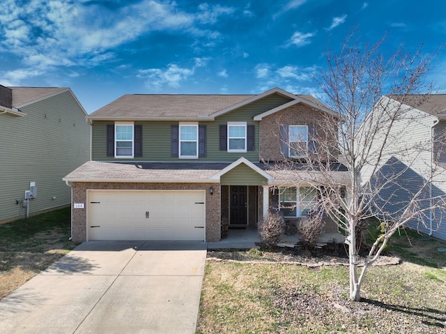 view of front of property featuring a garage, concrete driveway, brick siding, and covered porch