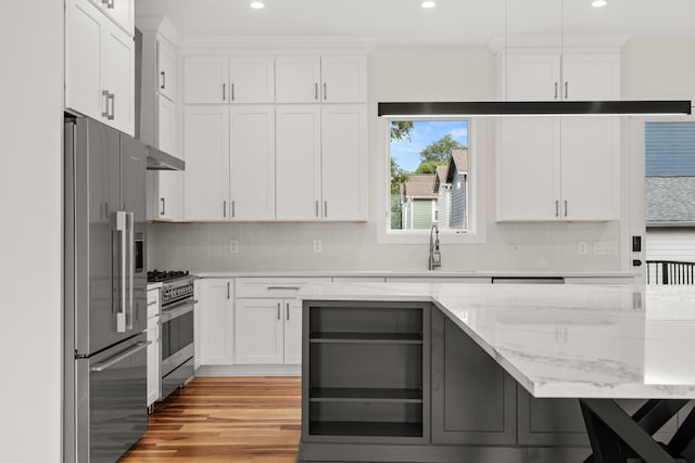 kitchen with tasteful backsplash, appliances with stainless steel finishes, white cabinetry, a sink, and light wood-type flooring