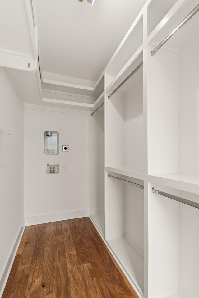 walk in closet with wood finished floors