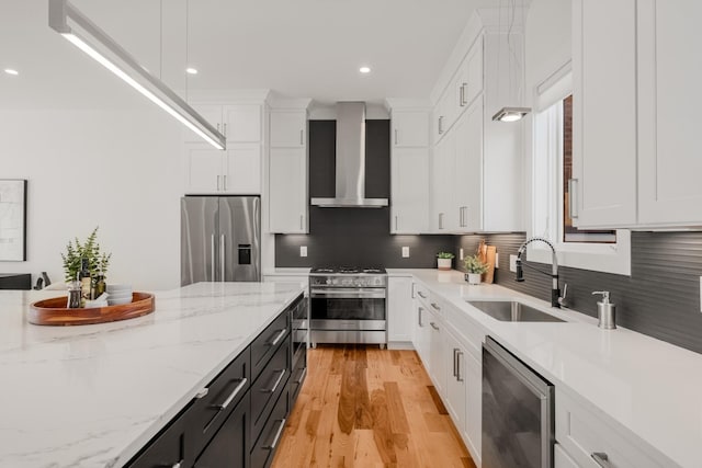 kitchen with a sink, white cabinetry, appliances with stainless steel finishes, wall chimney range hood, and tasteful backsplash