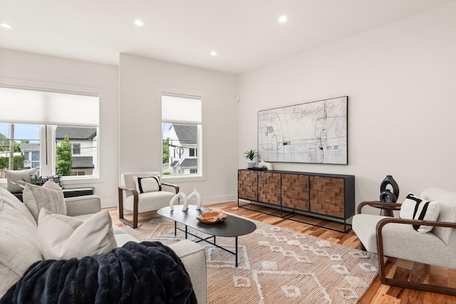 living area featuring baseboards, wood finished floors, and recessed lighting