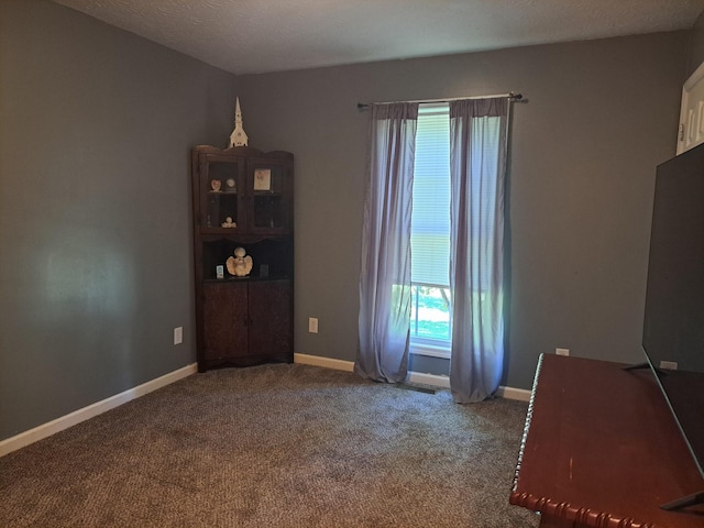 unfurnished room with a textured ceiling, carpet flooring, and baseboards