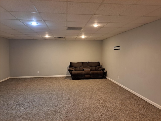 interior space featuring a paneled ceiling, recessed lighting, carpet flooring, visible vents, and baseboards