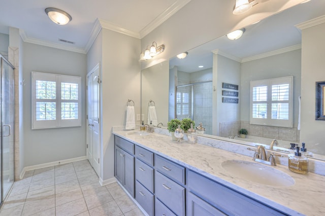 full bathroom featuring a sink, visible vents, baseboards, a shower stall, and crown molding