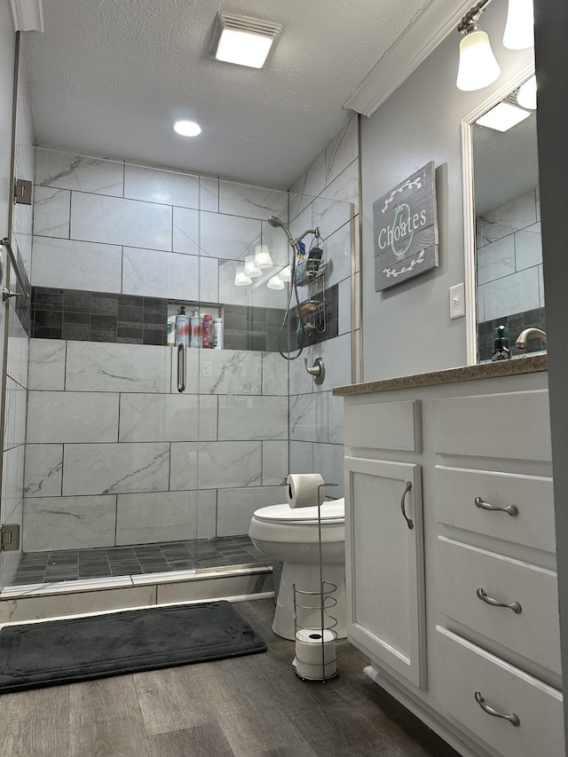 579 Old Celina Rd, Allons, TN 38541 - bathroom with toilet, a stall shower, a textured ceiling, and vanity