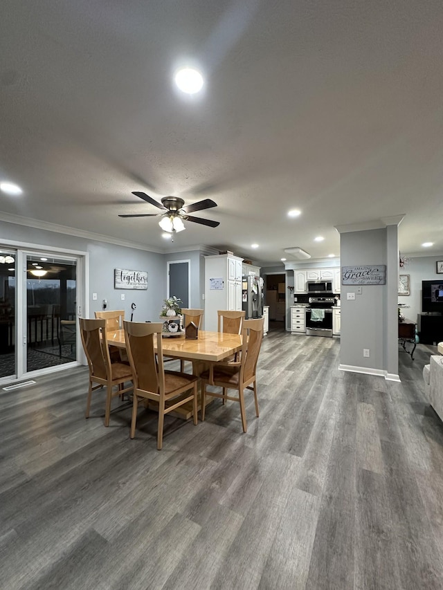 579 Old Celina Rd, Allons, TN 38541 - dining space with recessed lighting, dark wood-style flooring, crown molding, and ceiling fan