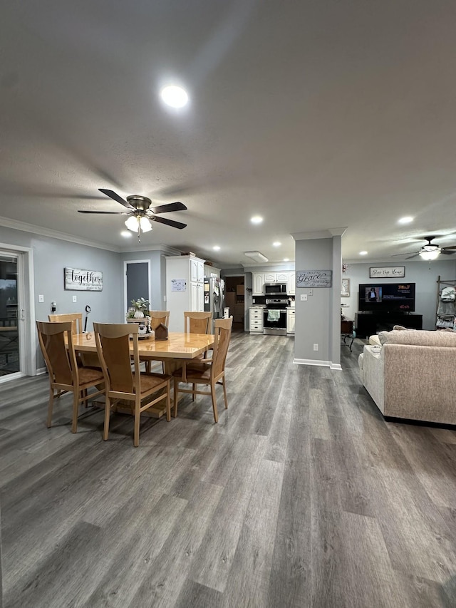 579 Old Celina Rd, Allons, TN 38541 - dining space featuring dark wood-style floors, ceiling fan, crown molding, and recessed lighting