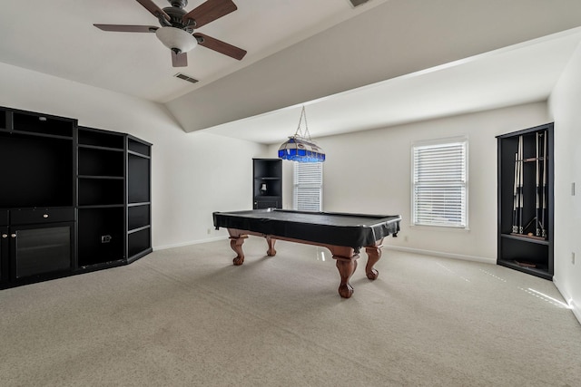 playroom with carpet, visible vents, vaulted ceiling, and baseboards