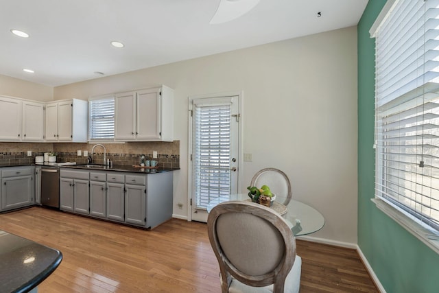 kitchen featuring stainless steel dishwasher, dark countertops, backsplash, and light wood-style floors