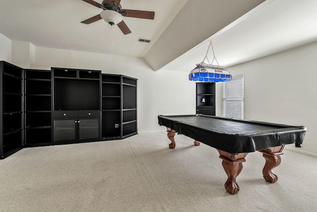 game room with carpet, billiards, visible vents, and a ceiling fan