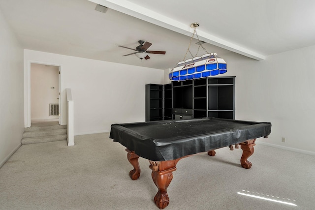 rec room with ceiling fan, billiards, carpet flooring, and visible vents