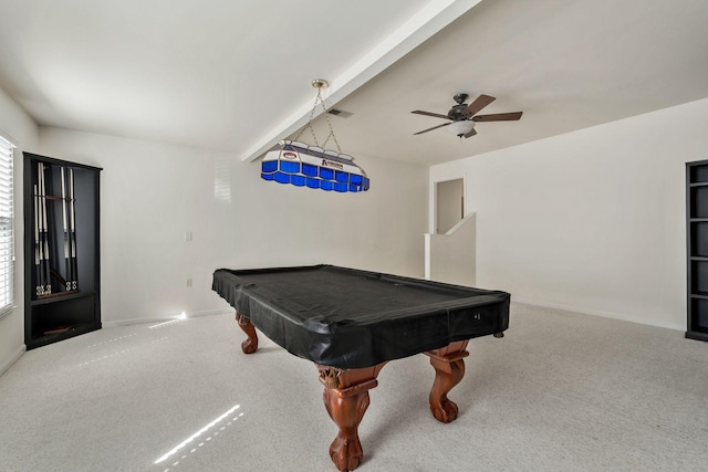 playroom with visible vents, baseboards, a ceiling fan, pool table, and carpet floors