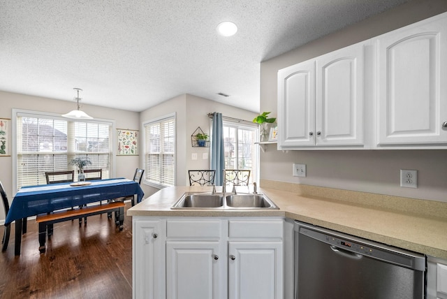 kitchen featuring dark wood-style flooring, a wealth of natural light, stainless steel dishwasher, white cabinets, and a sink