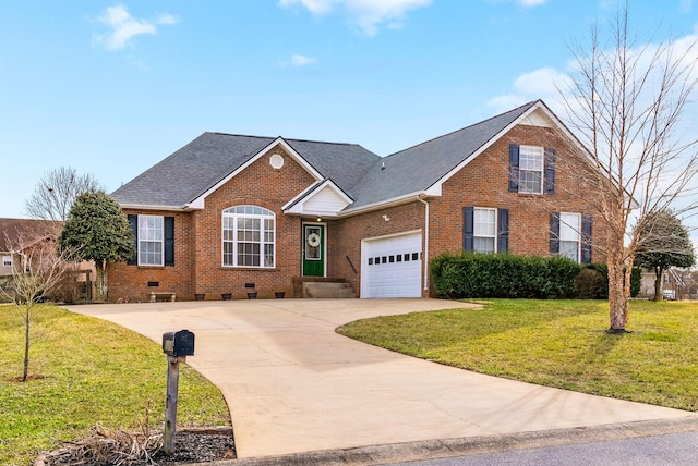 view of front of house with brick siding, concrete driveway, crawl space, an attached garage, and a front yard