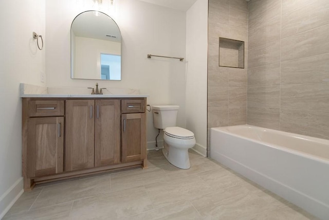 full bath with visible vents, toilet, vanity, tile patterned flooring, and baseboards