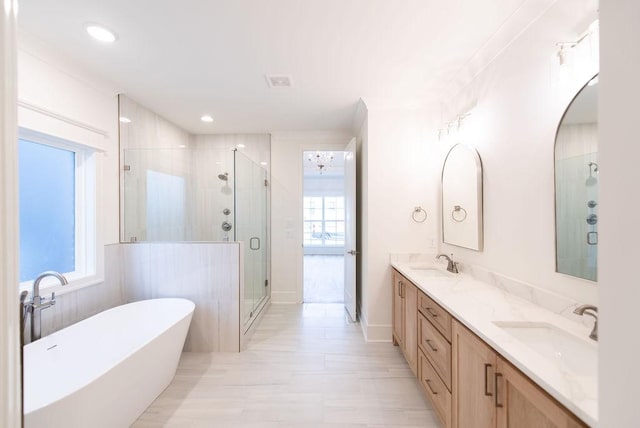 bathroom featuring a freestanding bath, double vanity, a sink, and visible vents