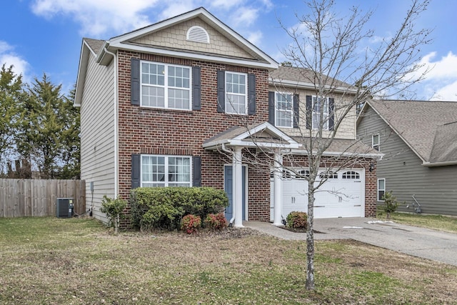 view of front of property featuring brick siding, central AC unit, fence, a garage, and driveway