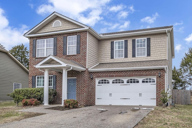 view of front of property with brick siding, a shingled roof, fence, a garage, and driveway