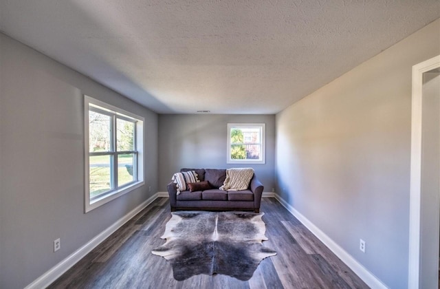 living area featuring a textured ceiling, baseboards, and dark wood-type flooring