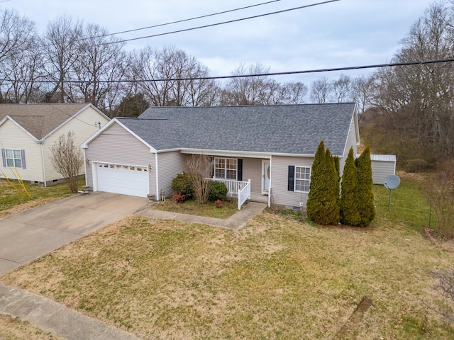 ranch-style house featuring roof with shingles, crawl space, covered porch, an attached garage, and a front lawn