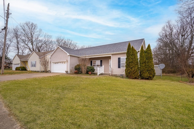 ranch-style house with an attached garage, covered porch, driveway, crawl space, and a front yard