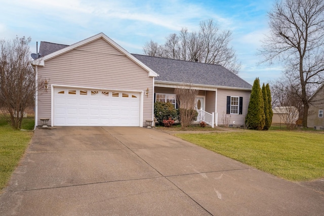 ranch-style house with roof with shingles, an attached garage, a front yard, crawl space, and driveway