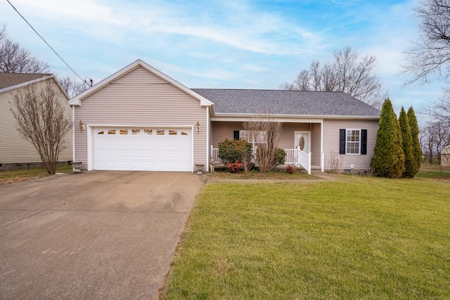 ranch-style house featuring a porch, concrete driveway, crawl space, a garage, and a front lawn