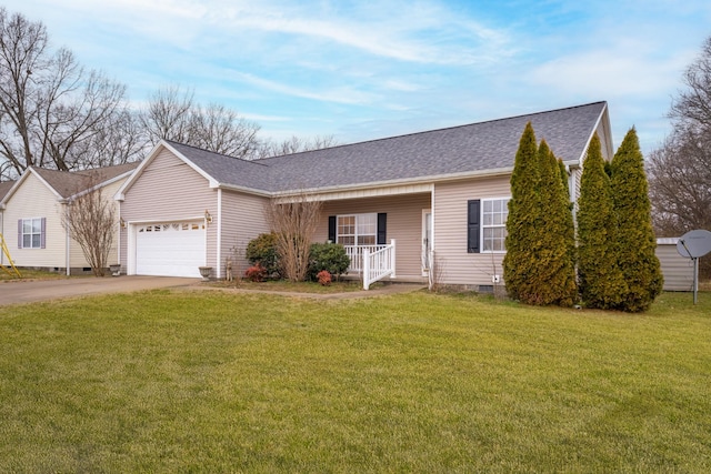 ranch-style home featuring a shingled roof, covered porch, a front yard, crawl space, and a garage