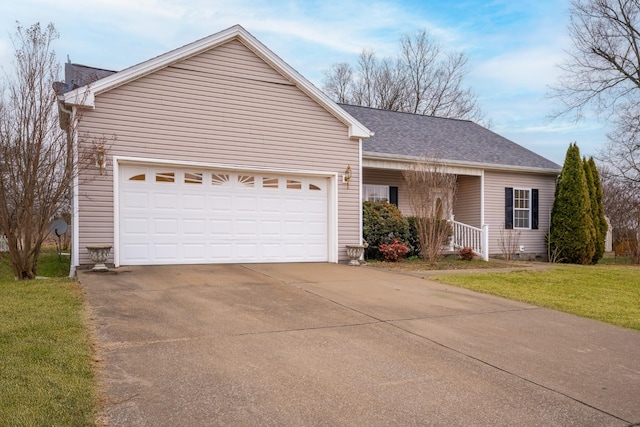 single story home featuring an attached garage, driveway, roof with shingles, and a front yard