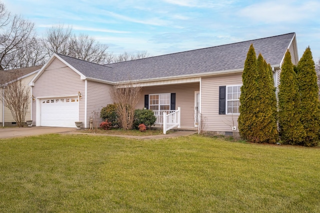 single story home featuring a porch, a garage, a shingled roof, crawl space, and a front lawn