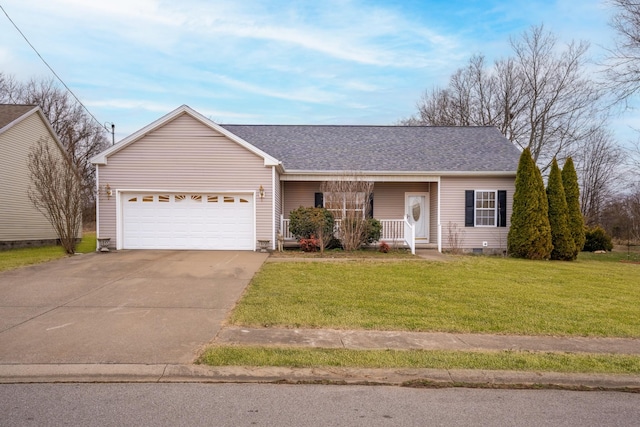 single story home featuring a porch, a garage, roof with shingles, crawl space, and a front lawn