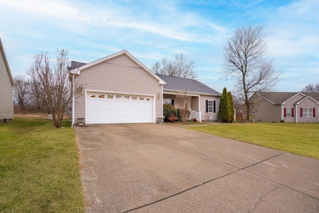 single story home featuring a garage, concrete driveway, and a front lawn