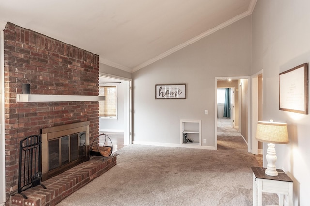 carpeted living room with baseboards, a fireplace, ornamental molding, and vaulted ceiling