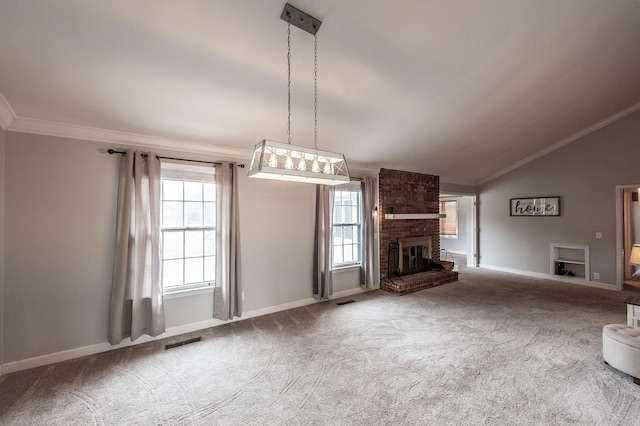 unfurnished living room featuring lofted ceiling, carpet flooring, crown molding, and visible vents