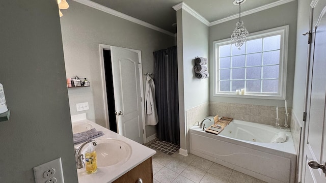 full bath with tile patterned flooring, a sink, ornamental molding, double vanity, and a stall shower