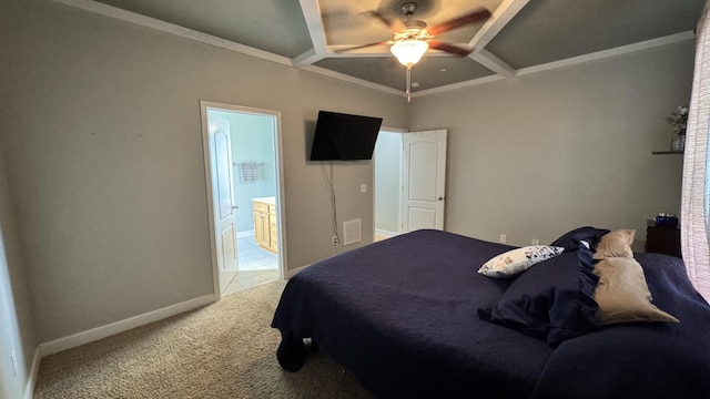 bedroom featuring light carpet, baseboards, coffered ceiling, ensuite bath, and ceiling fan