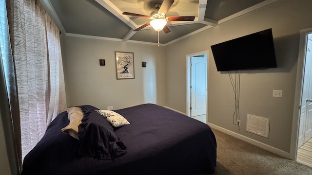 bedroom with carpet floors, crown molding, visible vents, a ceiling fan, and baseboards