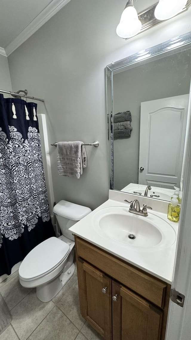 full bath with a shower with shower curtain, toilet, ornamental molding, vanity, and tile patterned flooring