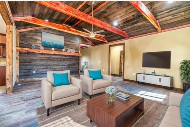 1319 Cemetery Rd, Auburn, KY 42206 - living area featuring a ceiling fan, wooden ceiling, lofted ceiling with beams, and baseboards