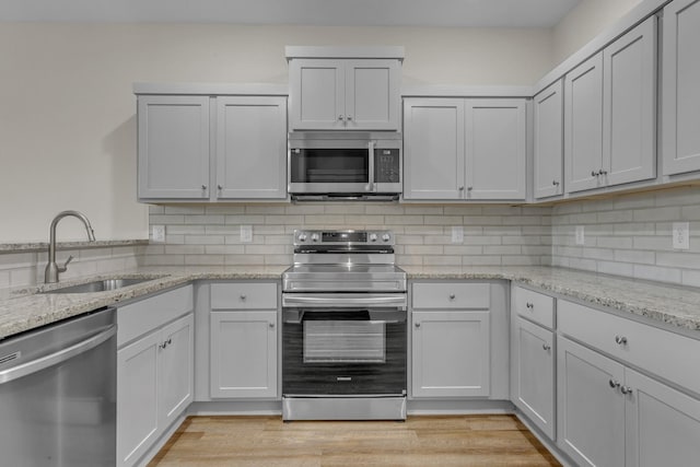 kitchen featuring light wood finished floors, stainless steel appliances, tasteful backsplash, and a sink