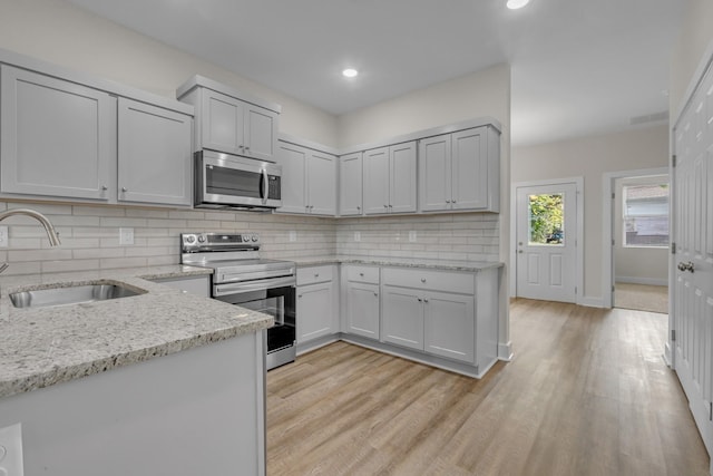 kitchen with appliances with stainless steel finishes, light wood-style floors, a sink, and tasteful backsplash