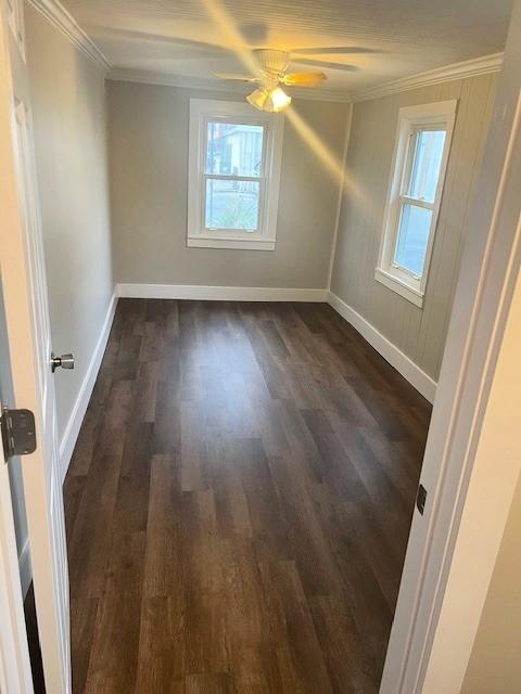 unfurnished room featuring ornamental molding, dark wood-type flooring, ceiling fan, and baseboards