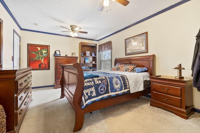 bedroom featuring crown molding, light colored carpet, ceiling fan, a textured ceiling, and baseboards