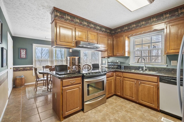 kitchen featuring dishwasher, brown cabinets, under cabinet range hood, stainless steel range with electric stovetop, and a sink