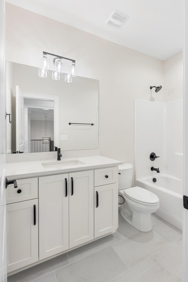 bathroom featuring toilet, shower / bath combination, vanity, and visible vents