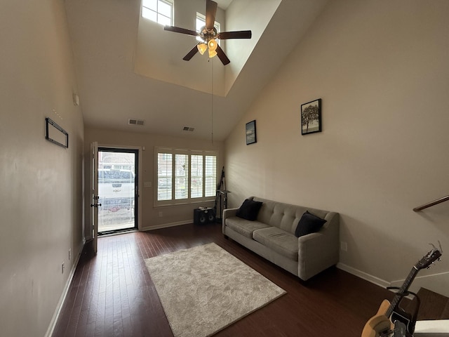 living area featuring visible vents, dark wood-type flooring, baseboards, high vaulted ceiling, and a ceiling fan