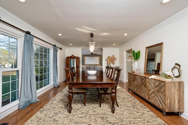 dining room with crown molding, baseboards, wood finished floors, and recessed lighting