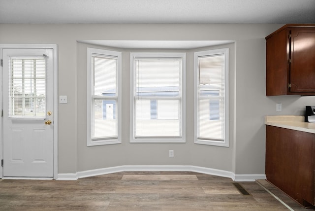 interior space with light wood-type flooring, visible vents, and baseboards