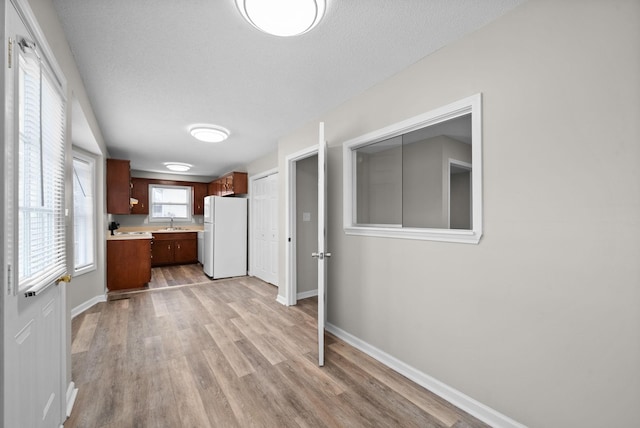 kitchen featuring baseboards, light wood-style flooring, freestanding refrigerator, light countertops, and a sink